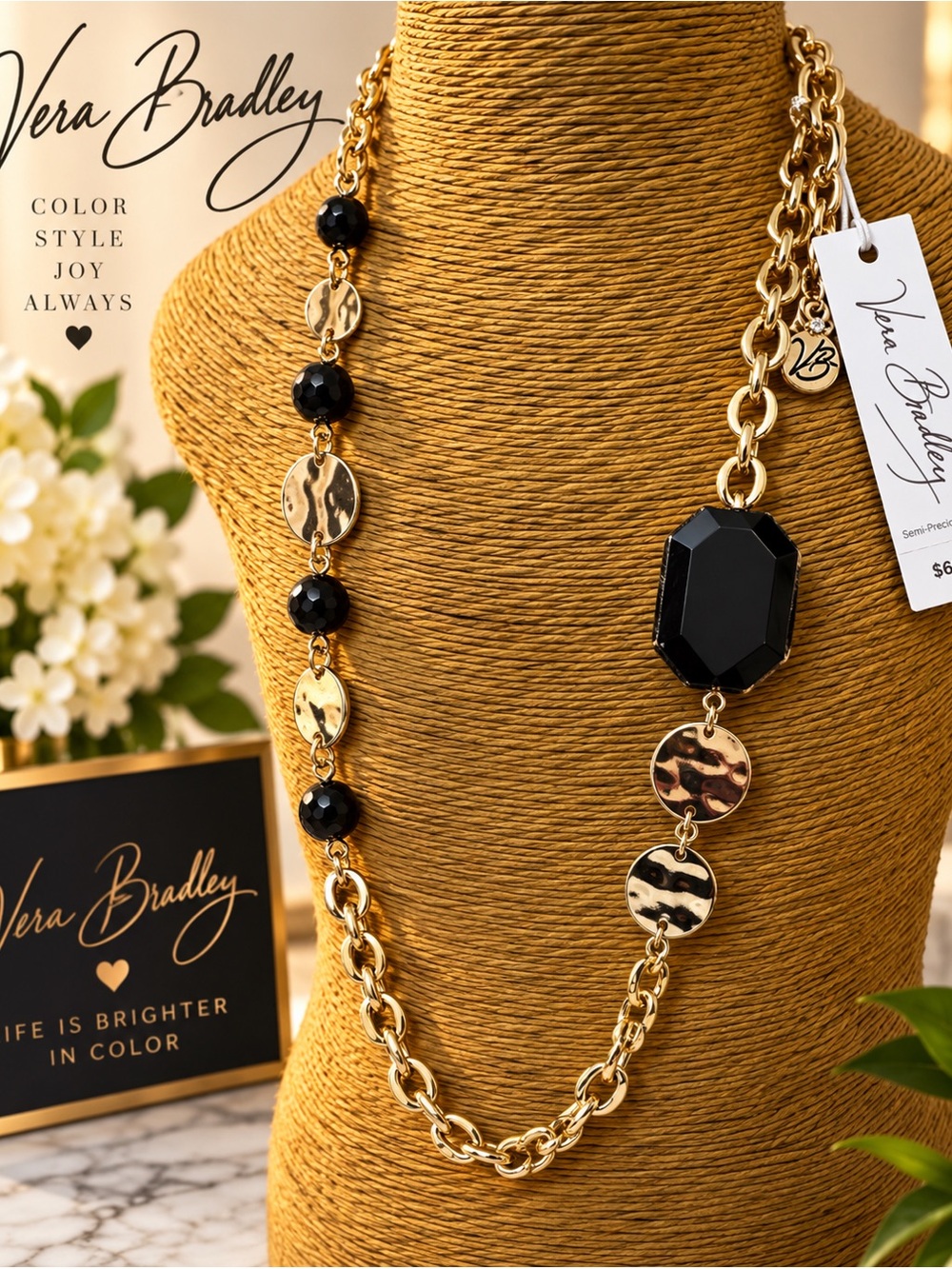 Vera Bradley Black and Gold Long Statement Necklace